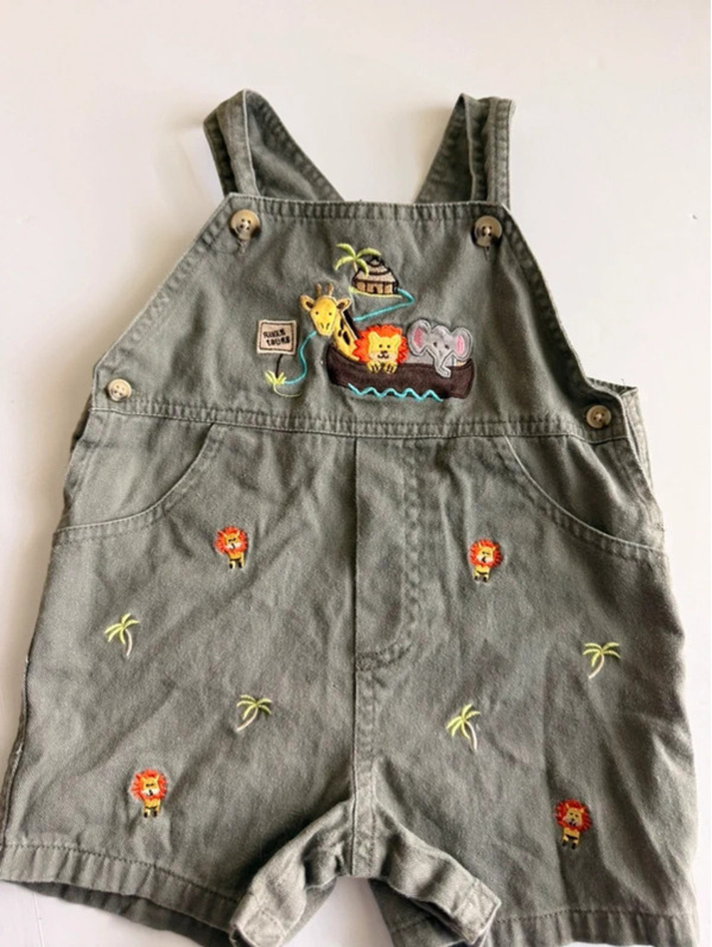 Vintage Safari Animal Embroidered Green Shortalls Size 18 Months
